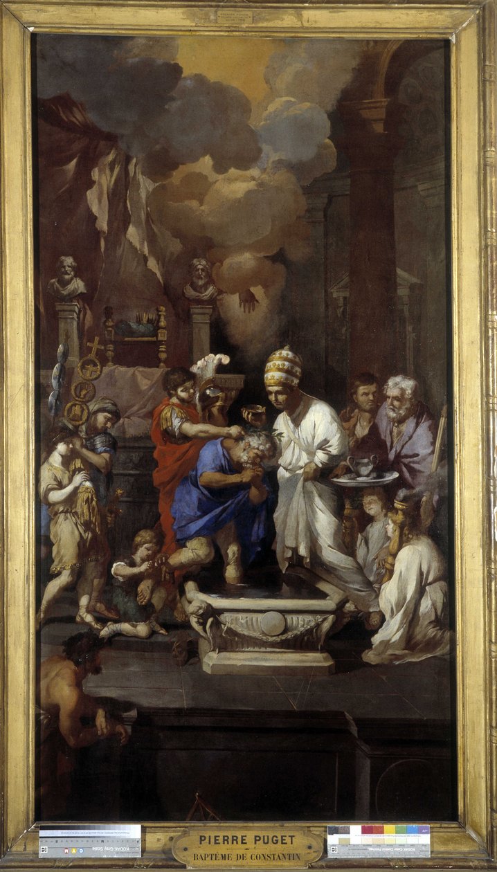 Konstantins dåb: Kejser Caius Flavius Valerius Aurelius Constantinus modtager nadveren af pave Sylvester I (helgen), i Johannes Lateranbasilikaen i Rom af Pierre Puget