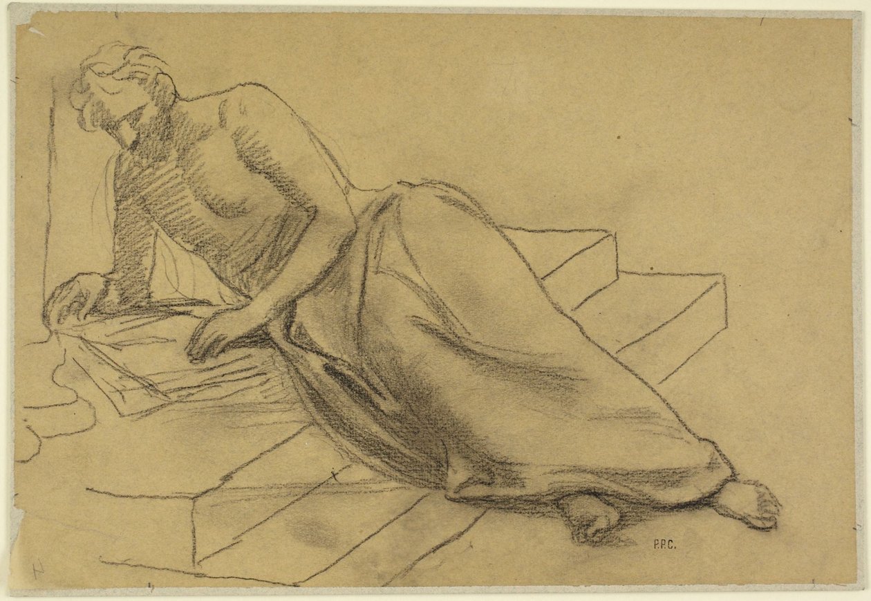 Mand henslængt på trapper, læsende, studie til En filosof, til Boston Library af Pierre Puvis de Chavannes