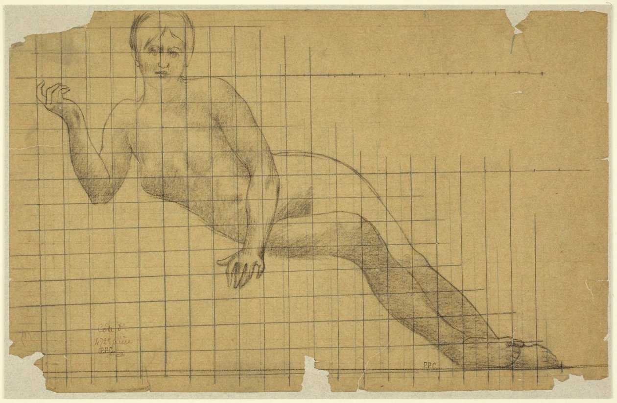 Liggende kvindelig nøgenfigur, studie i omvendt perspektiv til figuren i »Hemicycle of the Sorbonne: Letters, Science, and Arts«, Sorbonne, Paris af Pierre Puvis de Chavannes