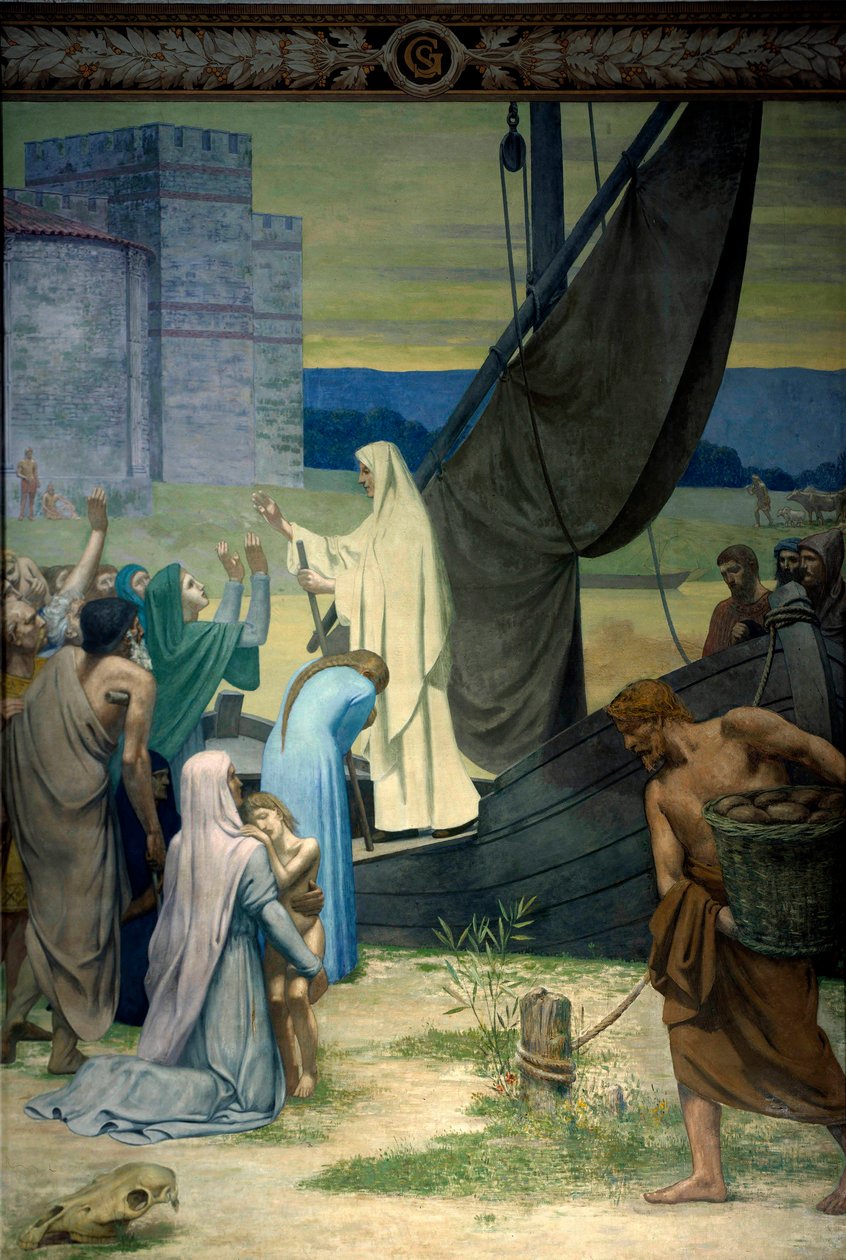 Sainte Genevieve forsyner parisere belejret af Attilas hær, hunernes konge. Fresco af Pierre Puvis De Chavannes (1824-1898) Paris fra det 19. århundrede. Pantheon af Pierre Puvis de Chavannes