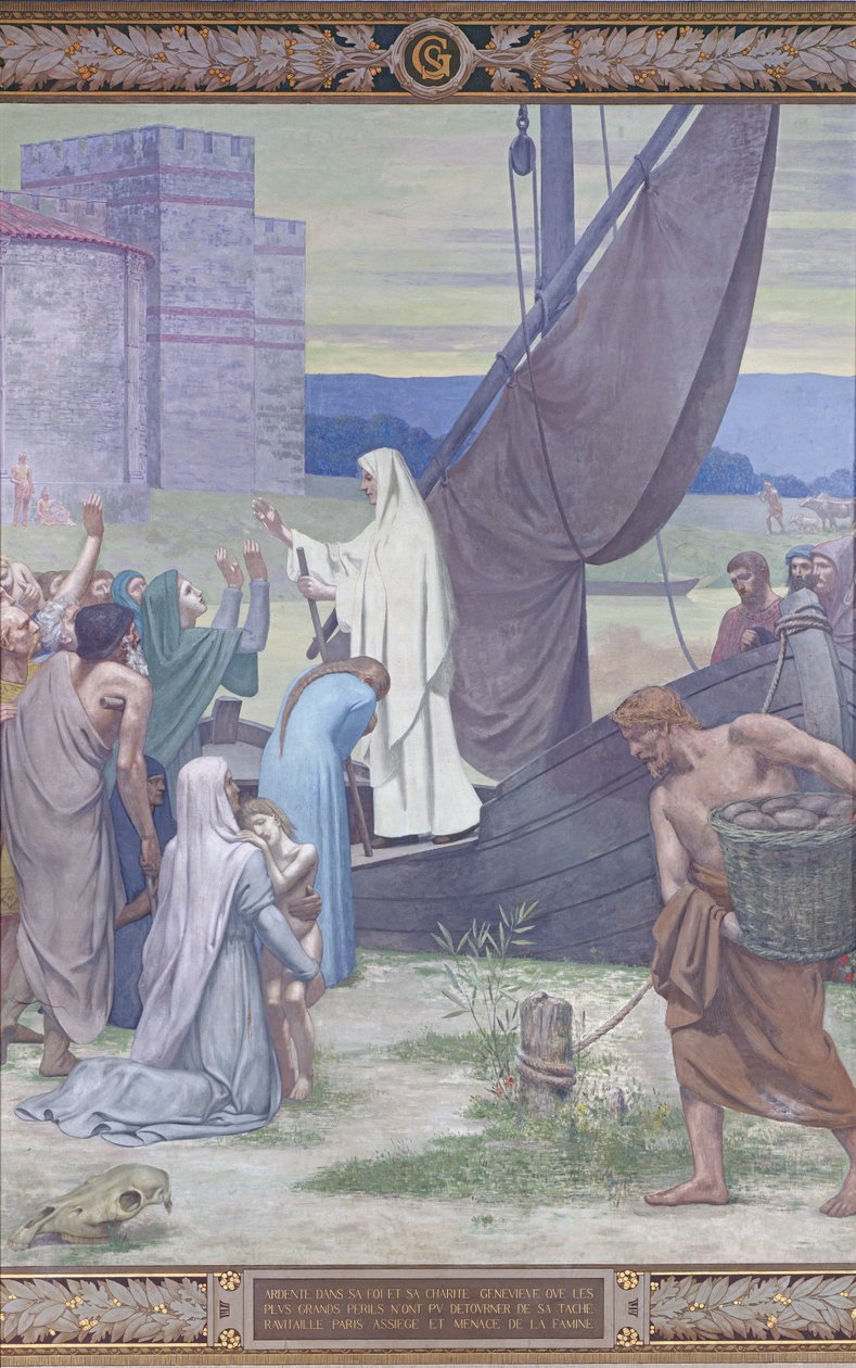 St. Genevieve bringer forsyninger til byen Paris efter belejringen (fresko) af Pierre Puvis de Chavannes