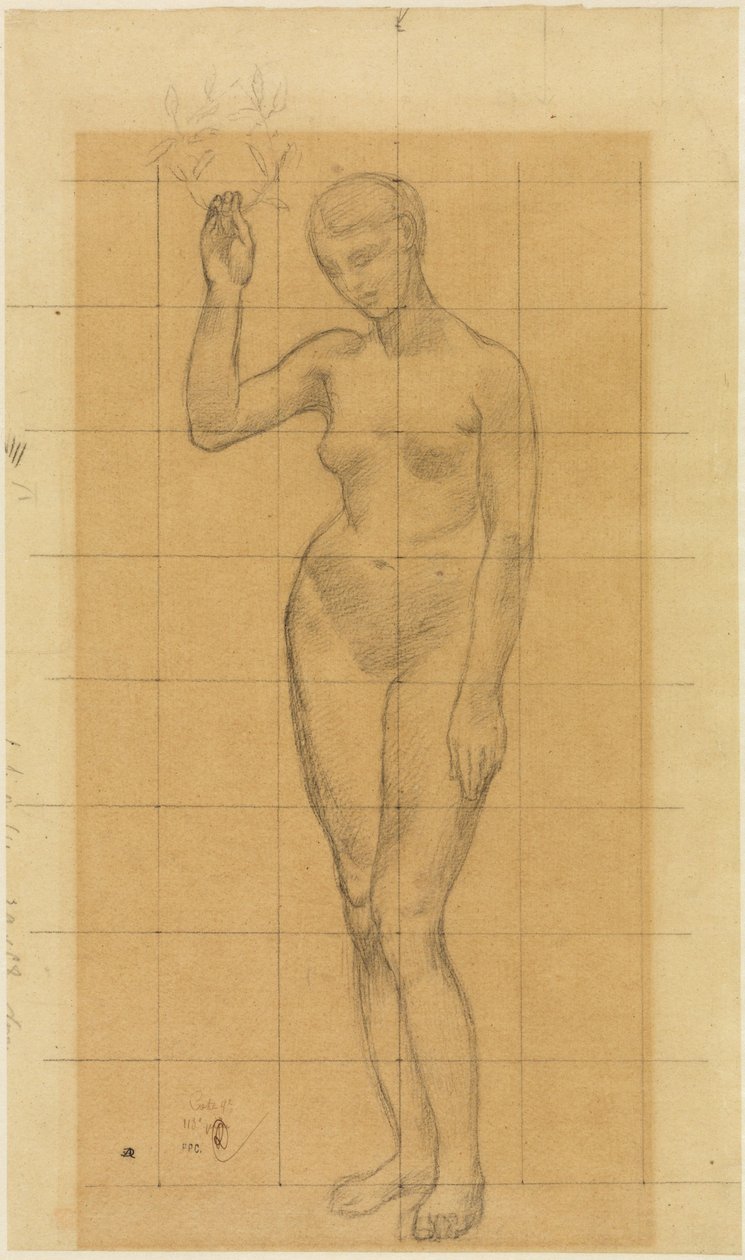 Stehender Frauenakt, schräg nach links, einen Kranz in der erhobenen Rechten af Pierre Puvis de Chavannes