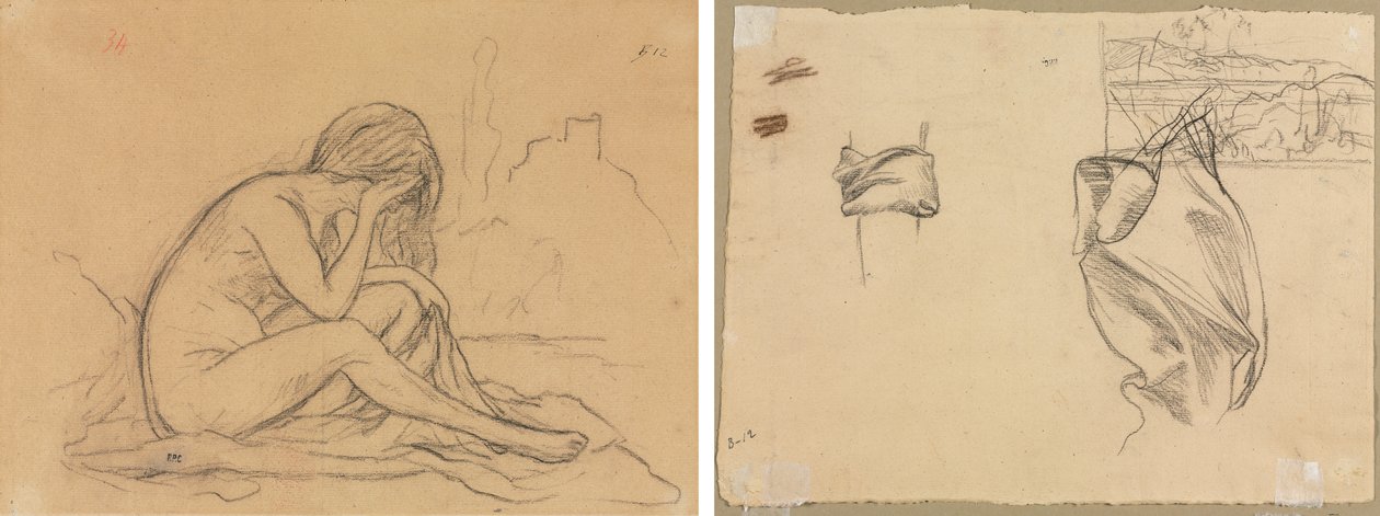 Studie af en kvindelig nøgen (muligvis for et urealiseret allegorisk maleri) (recto); Studier af draperi og undersøgelse af et landskab (verso) af Pierre Puvis de Chavannes