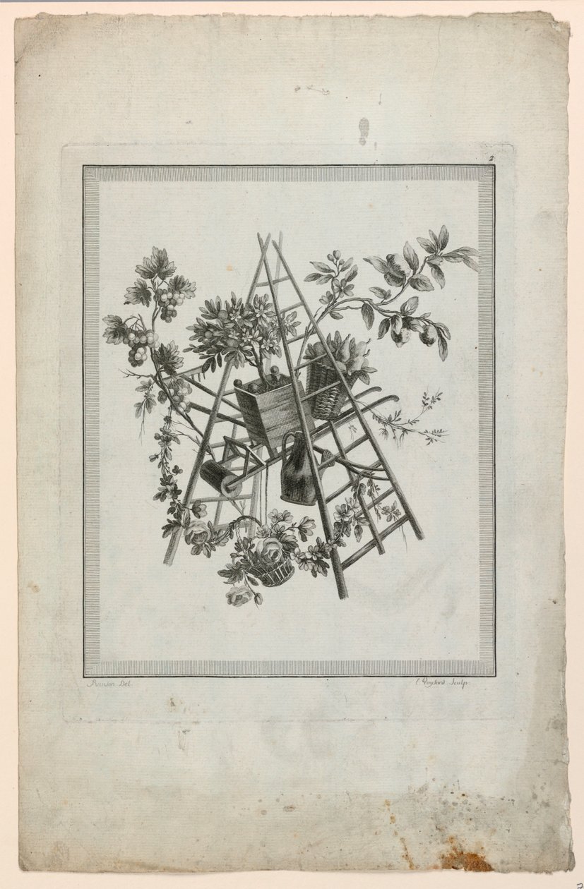 Trofæ med instrumenter til havearbejde, plade 2 fra "Suite of Different Attributes, Trophys and Flower Groups," Suite II af Pierre Ranson