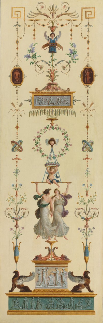 Dekorative paneler, dobbeltfløjede døre, overdørsmalerier af Pierre Rousseau