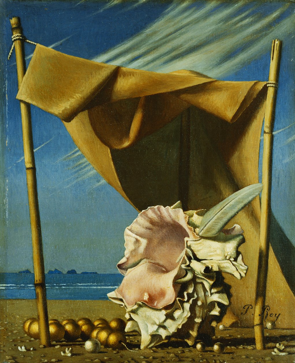 Skal og afdækning; Coquillage et Drape, ca. 1930 (olie på lærred) af Pierre Roy