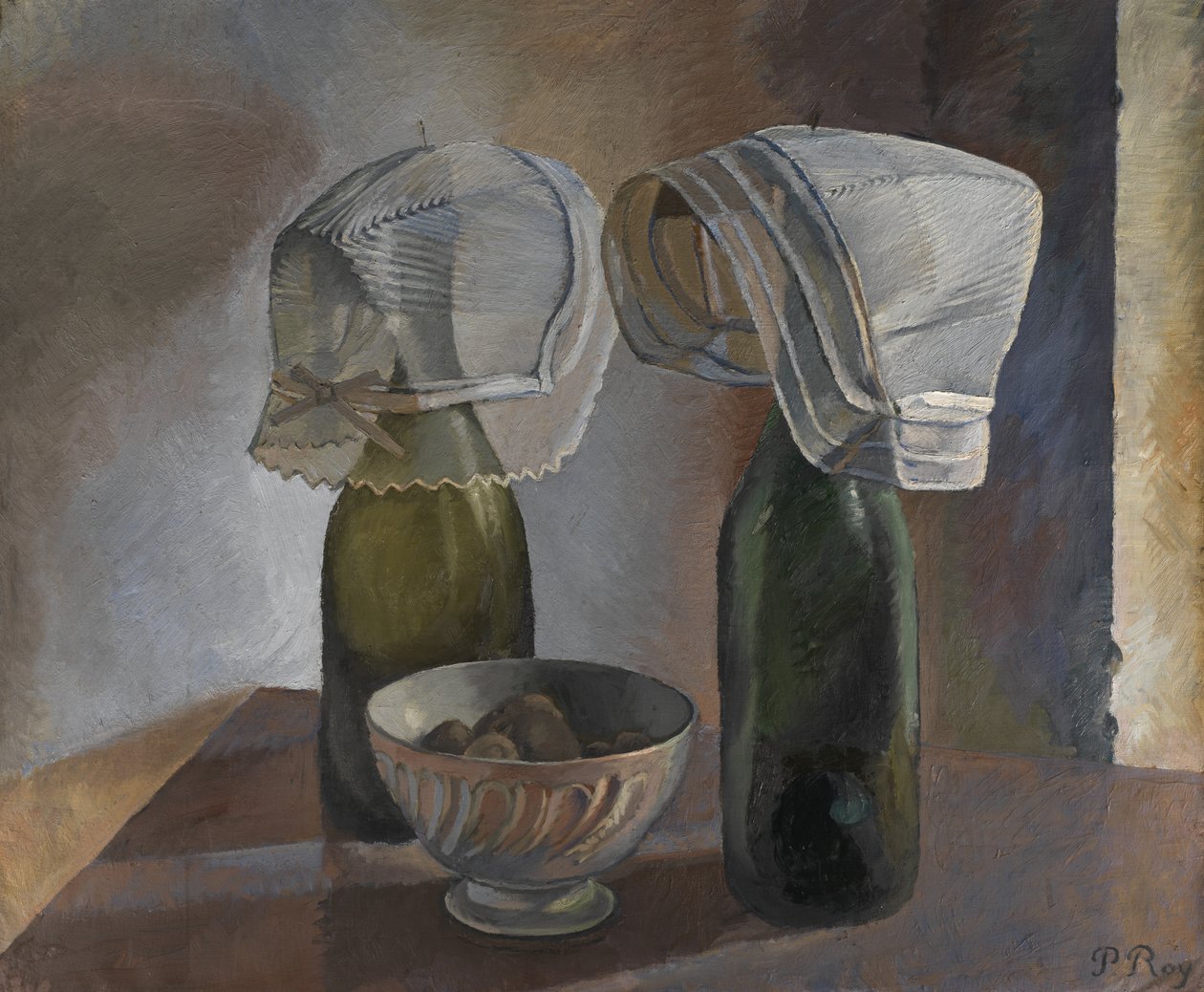 Stilleben med flasker og bretonske motorhjelmer, ca. 1924 (olie på lærred) af Pierre Roy