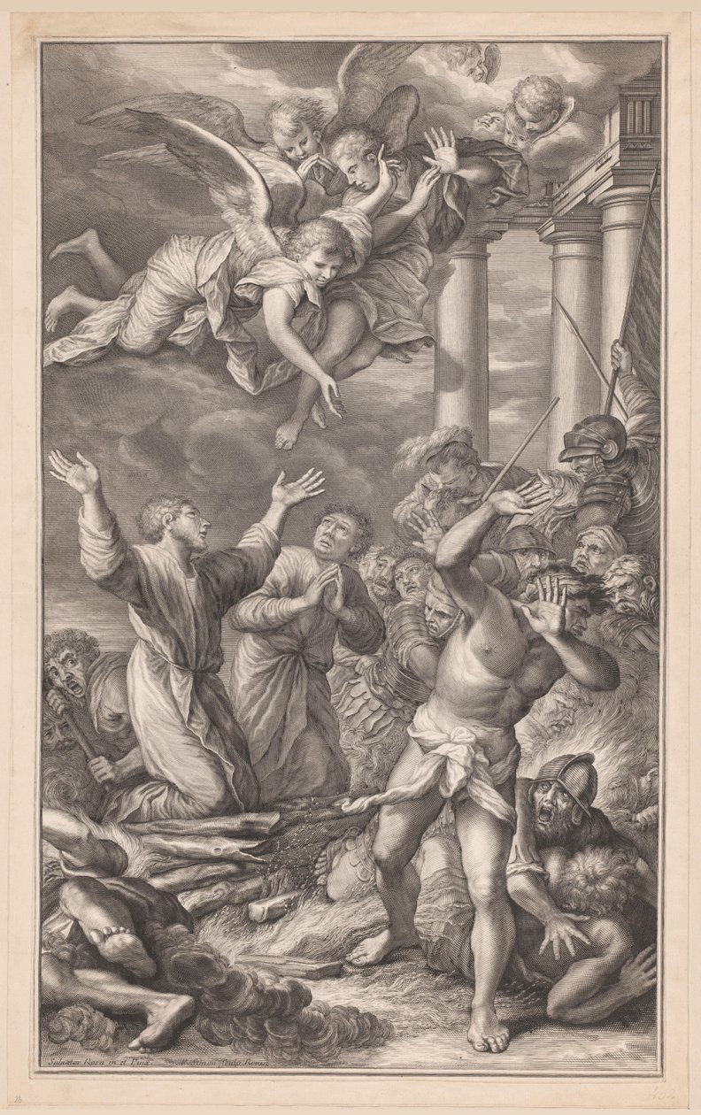 Cosmas og Damianus brændte på bålet, omgivet af soldater og engle af Pierre Simon (I)