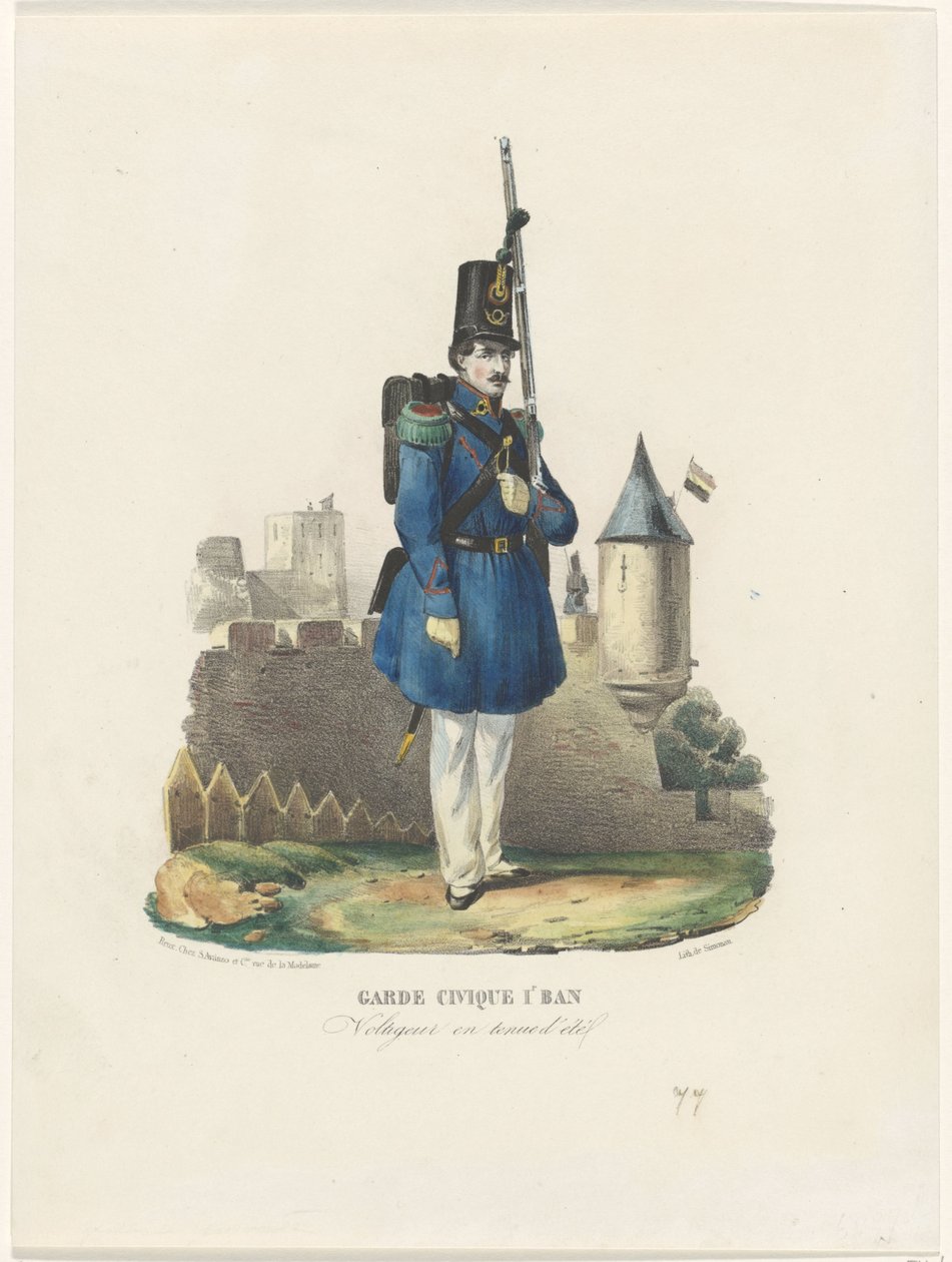 Belgiske burgerwacht op wacht, 1830 Civic Guard 1r Ban / Voltigeur i sommerkjole (titel på objekt) af Pierre Simonau