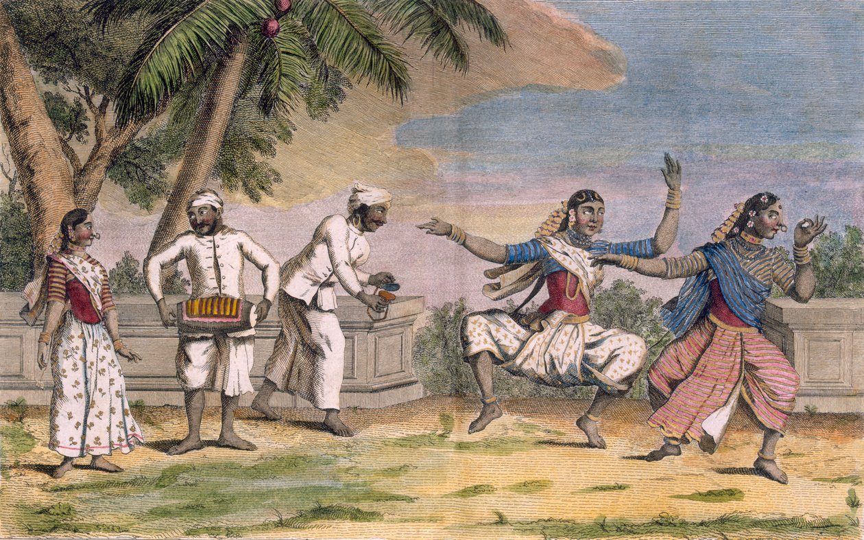 En gruppe Bayaderes, eller indiske dansepiger, med mandlige musikere, illustration fra "Voyage aux Indes et a la Chine", graveret af Poisson, 1782 (farvestik) af Pierre Sonnerat
