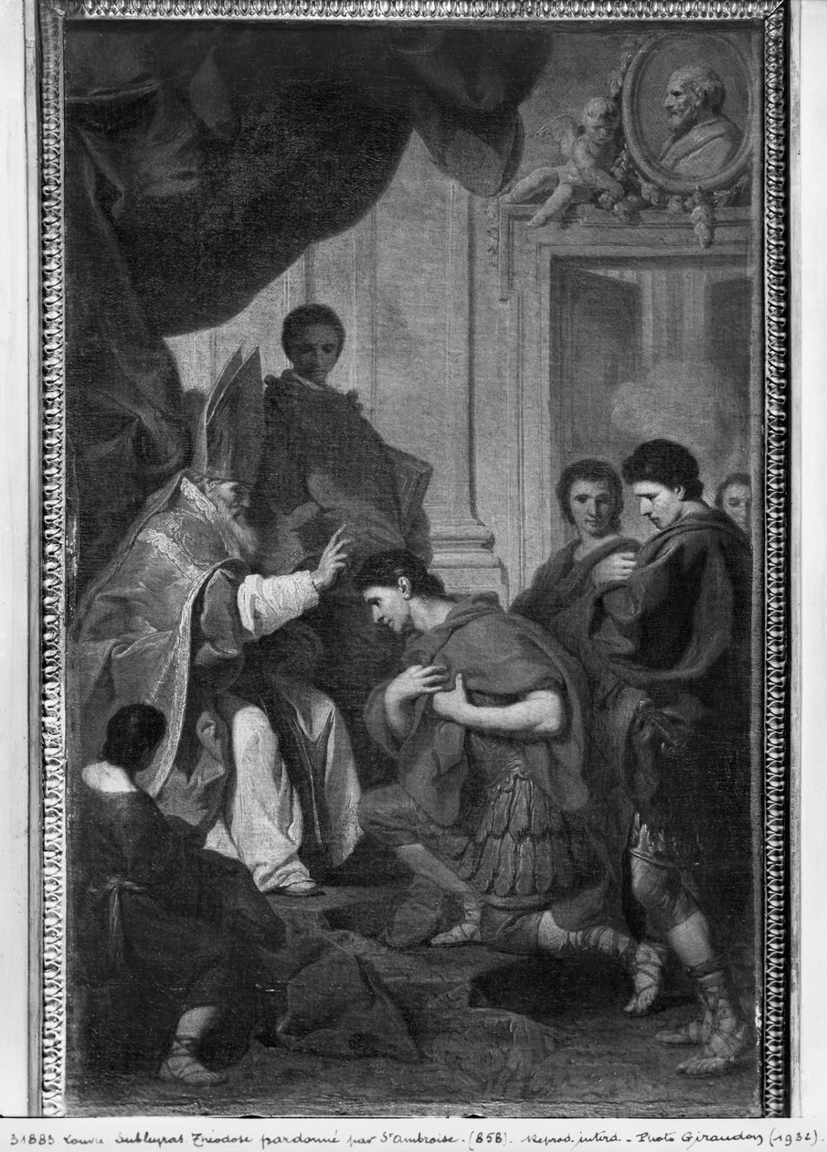 Kejser Theodosius I den Store modtager benådningen fra St. Ambrose, ærkebiskop af Milano, ca. 1745 af Pierre Subleyras