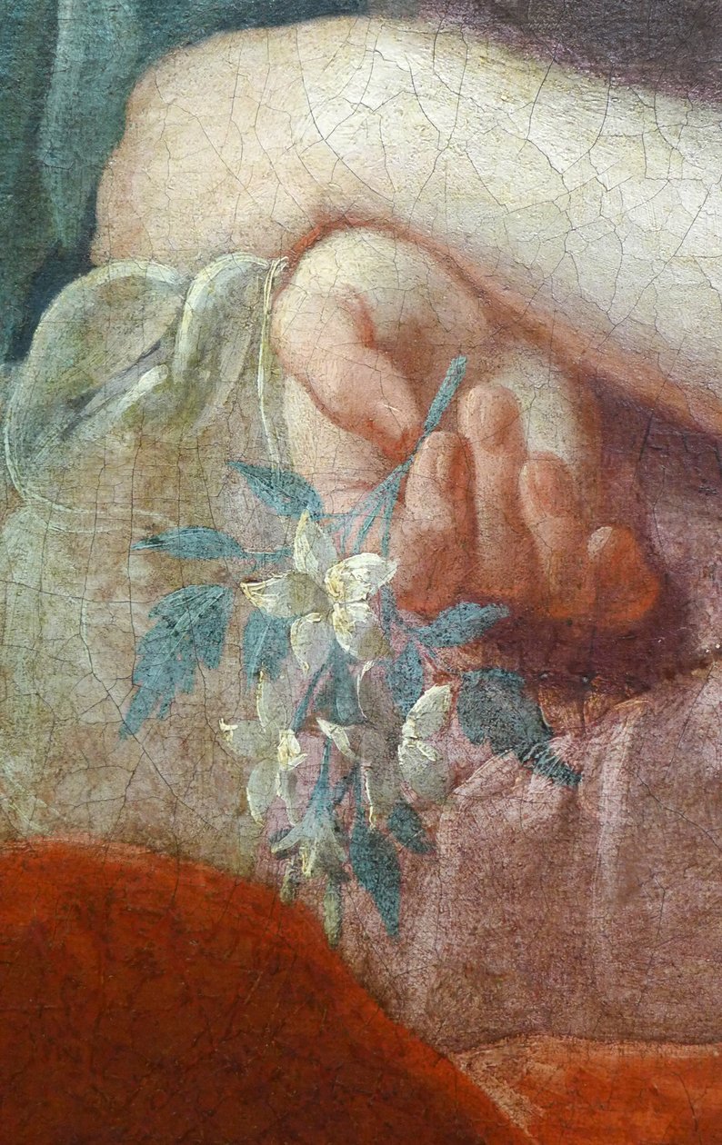 Hånd af en ung kvinde, der holder en blomstrende gren. Detalje af Portræt af Madame Poulhariex og hendes datter, omkring 1728 (olie på lærred) af Pierre Subleyras