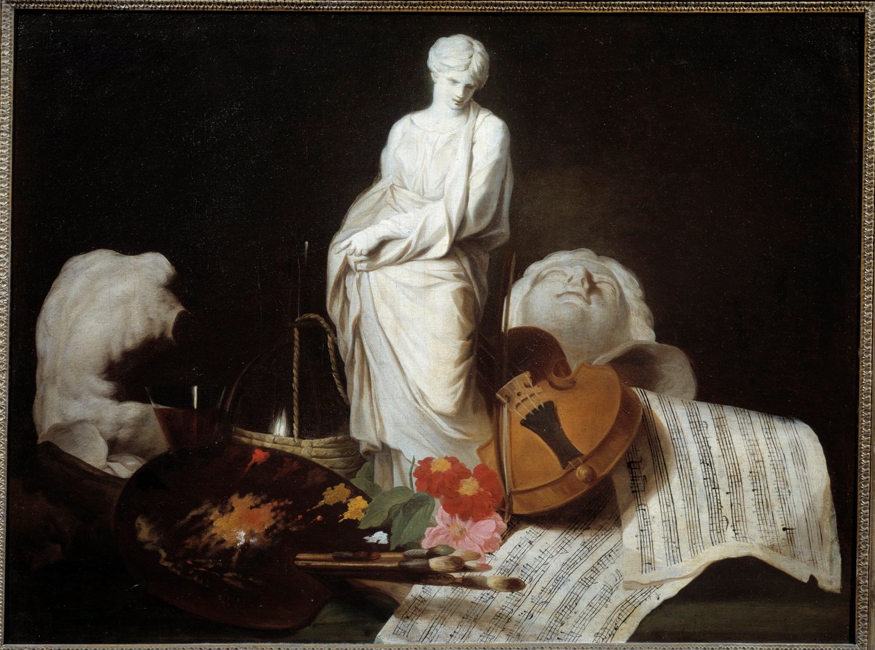 Attributter af kunstpaletten af maler, violin, partiturer, skulptur. Maleri af Pierre Subleyras af Pierre Subleyras
