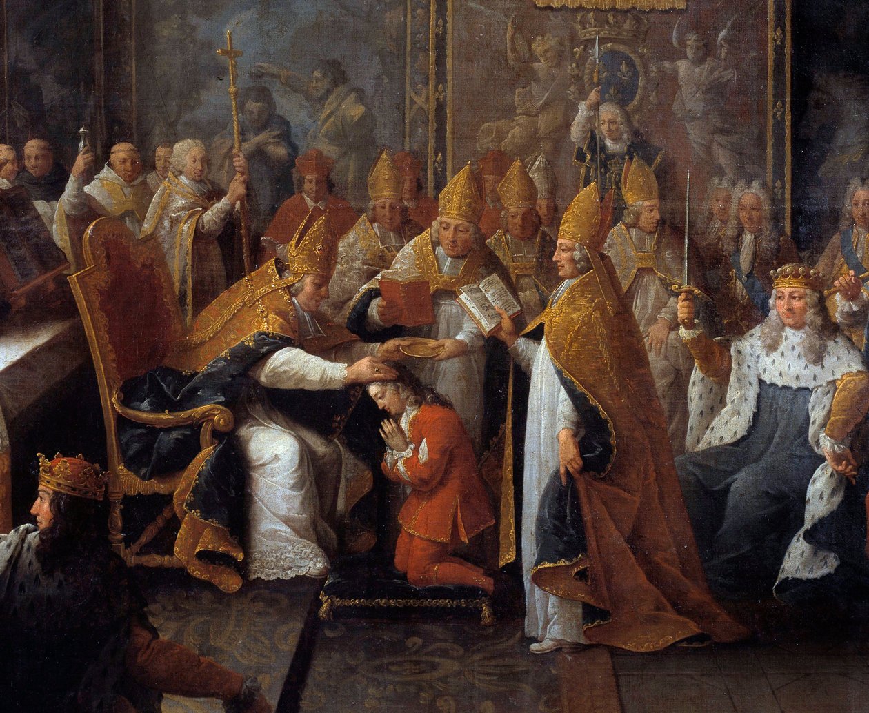 Kroningen af Ludvig XV Kong Ludvig XV (1710-1774) blev kronet og hellig den 25/10/1722 i katedralen i Reims af arkeveken i Reims i nærværelse af regenten, hertugen af Orleans (1674-1723) og en stor skare. Detalje af maleri af Pierre Sub af Pierre Subleyras