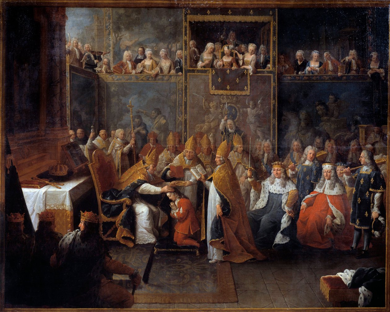 Kroningen af Ludvig XV Kong Ludvig XV (1710-1774) blev kronet og hellig den 25/10/1722 i katedralen i Reims af arkeveken i Reims i nærværelse af regenten, hertugen af Orleans (1674-1723) og en stor skare. Maleri af Pierre Subleyras (16 af Pierre Subleyras