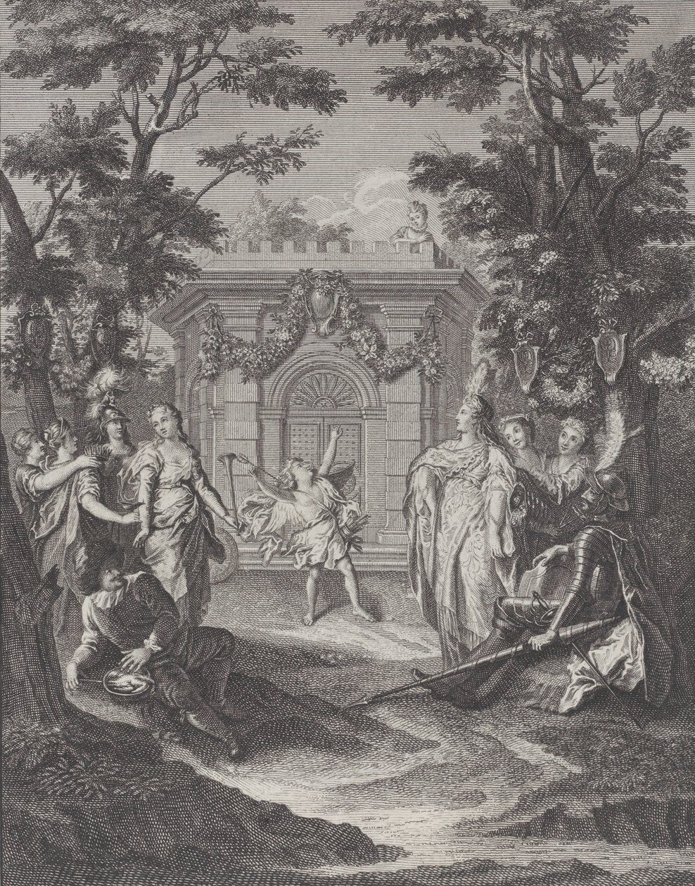 Plade 13: Kærlighed og rigdoms indgang til Gamaches bryllup Entrance of Love and Wealth..., 1745. af Pierre Tanje
