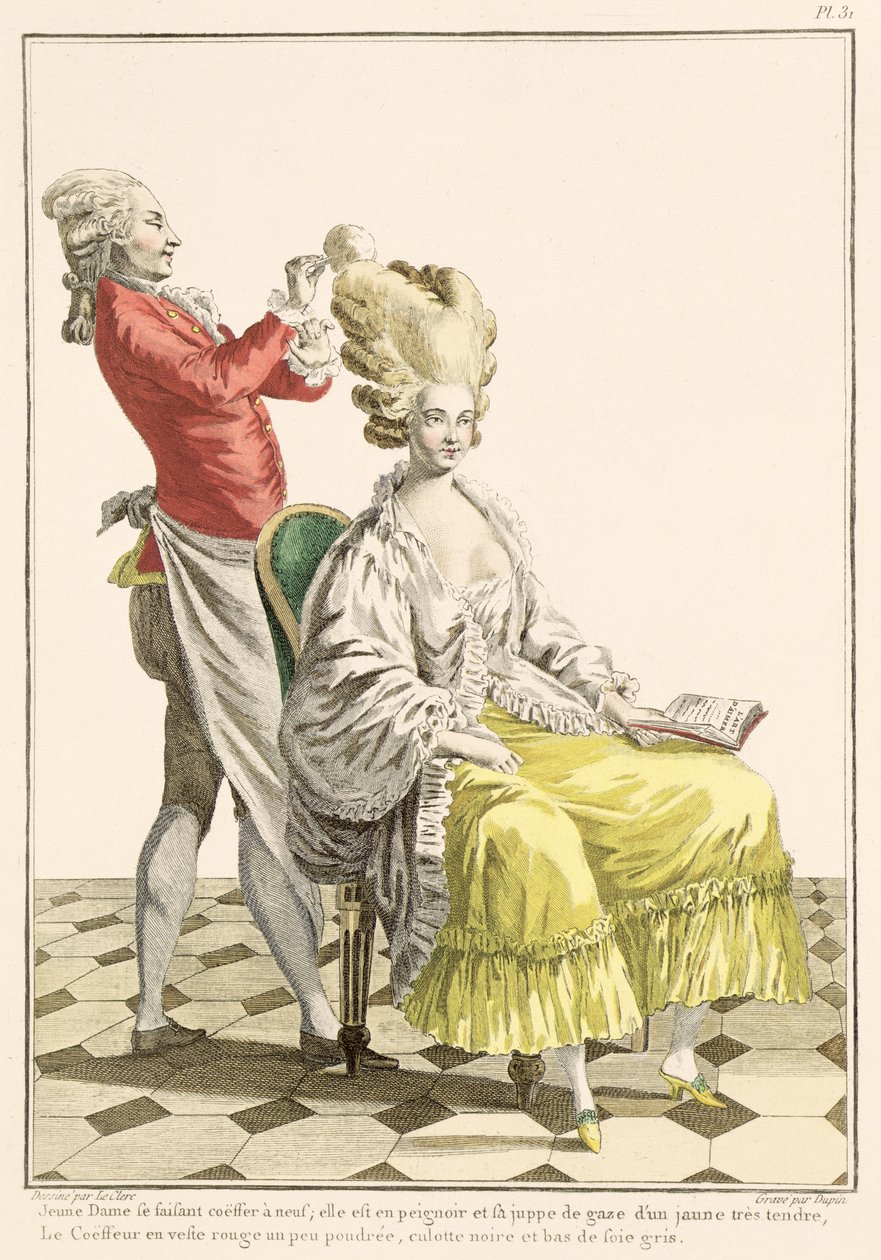 En ung kvinde i en peignoir med sin frisør, plade 31 fra 