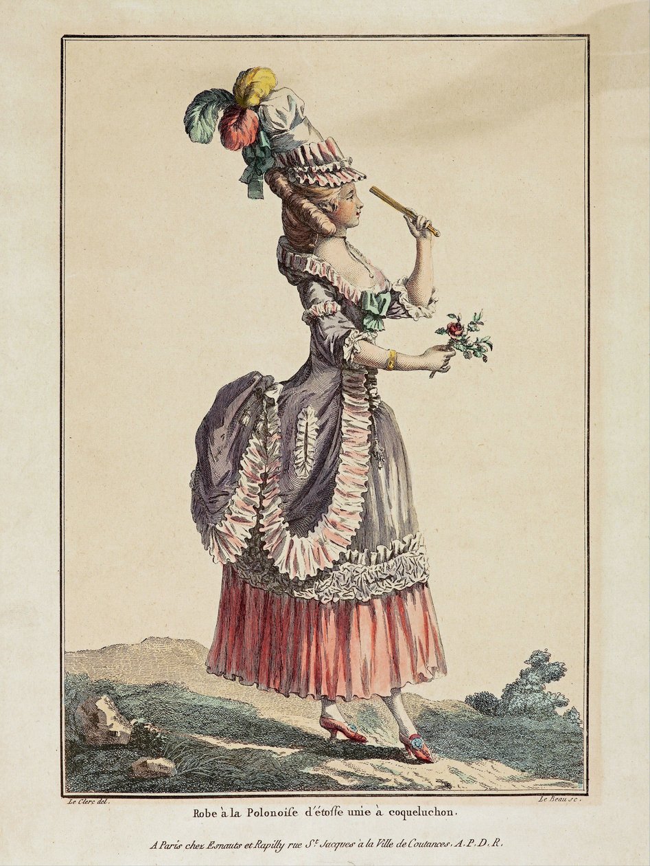 Polsk kjole af almindeligt stof med coqueluchon - Værk af Pierre Thomas Le Clerc (1739-1796), gravering og akvarel, udvundet fra Gallerie des modes et costumes francais af Pierre Thomas Le Clerc