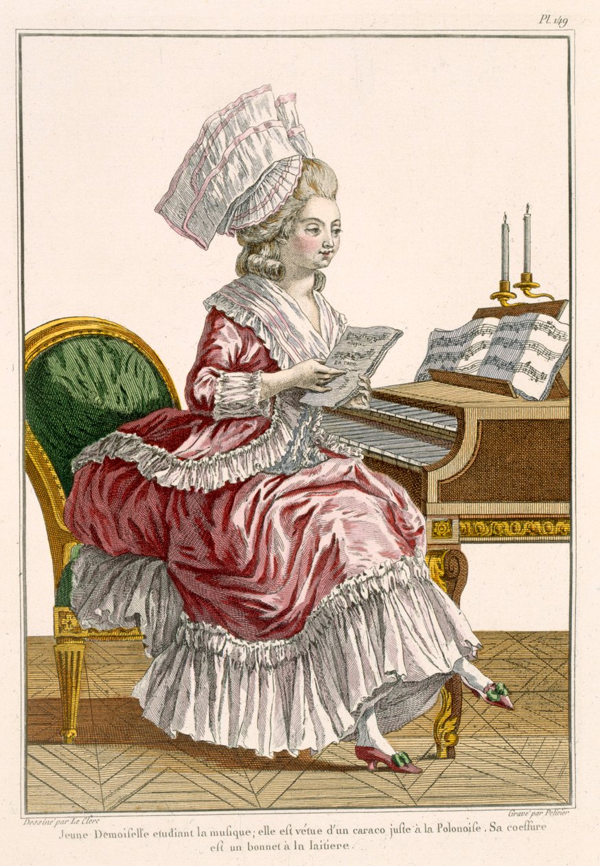 Ung kvinde studerer musik ved sit cembalo, plade 149 fra "Galerie des Modes et Costumes Francais", graveret af J. Pelicier, 1778 af Pierre Thomas Le Clerc