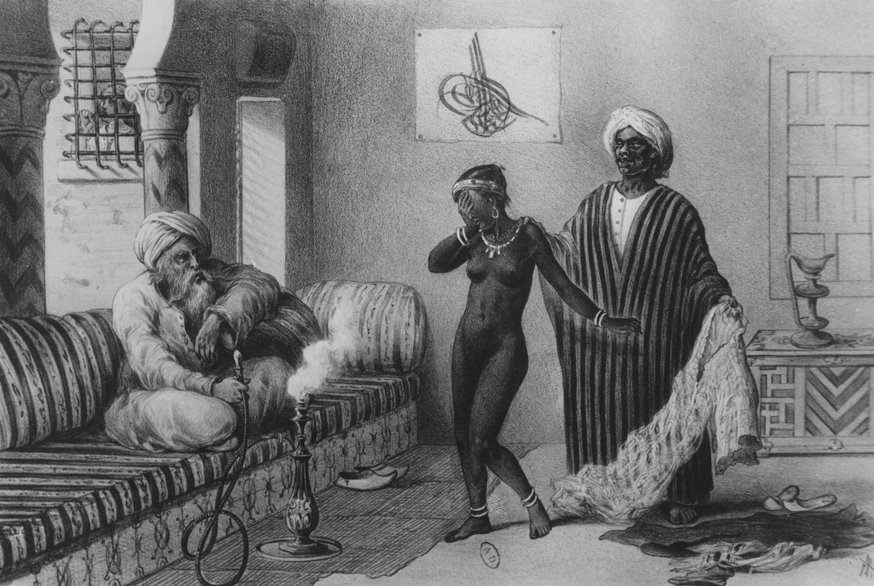En ung pige fra Timbuktoo bliver tilbudt af en slavemester i Tripoli i 1854, fra "Voyages au Soudan et dans L"Afrique Septentrionale", indgraveret af A. Adam, 1850 af Pierre Tremaux
