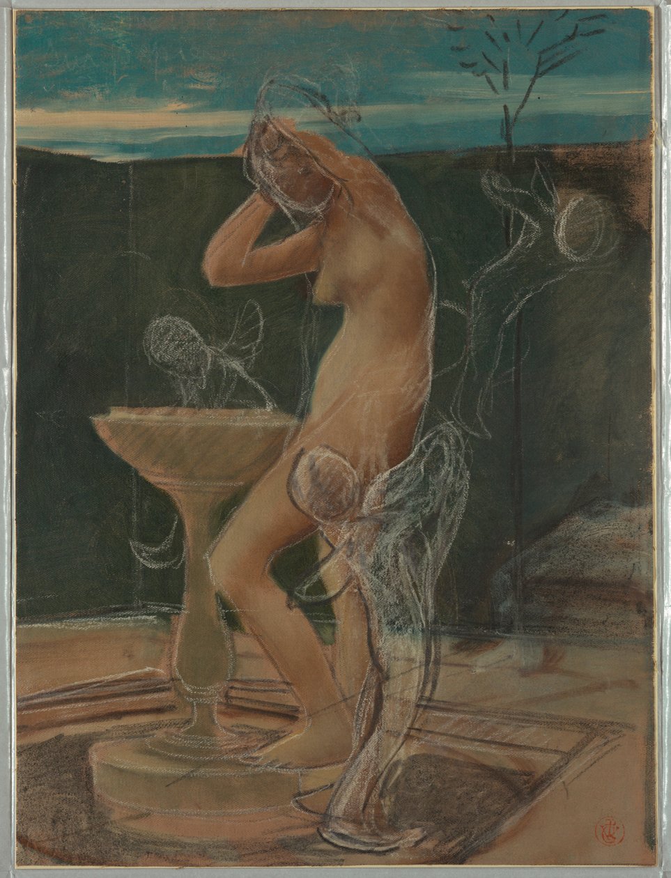 Tegning, Studie af en kvinde ved sit bad, slutningen af det 19. århundrede af Pierre Victor Galland