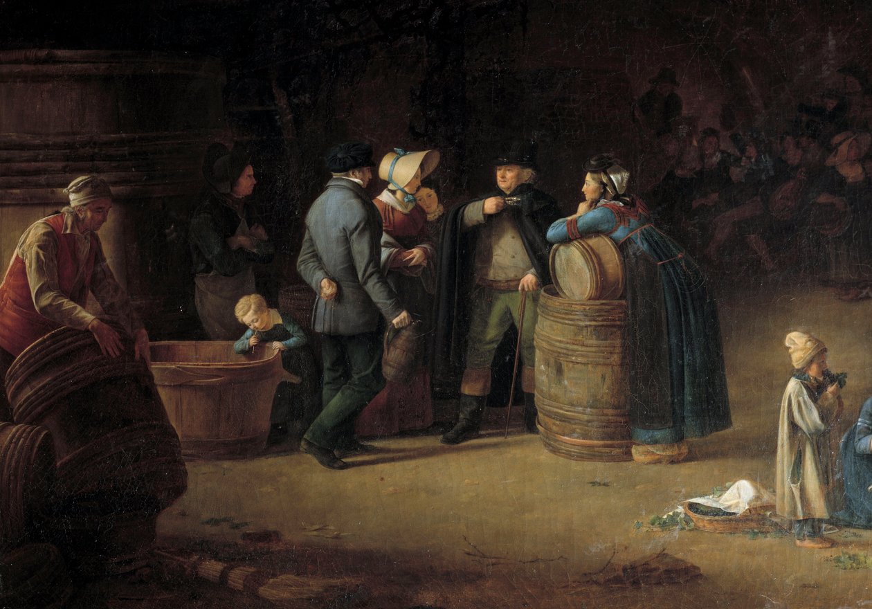 Ejer besøger sin kælder i Bourgogne En vinbonde kontrollerer tilstanden af vinproduktionen i sin vingård. Detalje. Maleri af Jean Baptiste Olagnon (1816-?) 1800-tallet. Beaune af Pierre Victor Olagnon