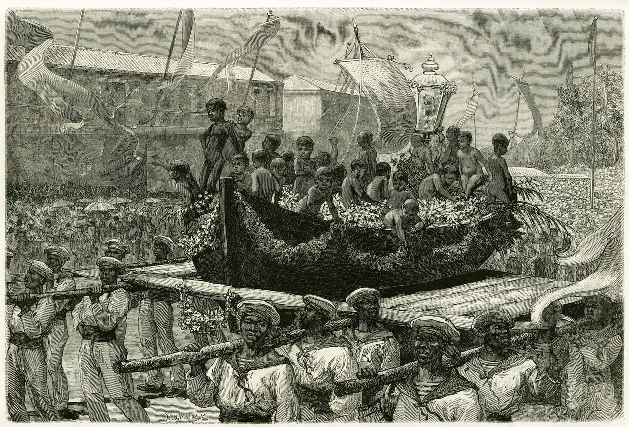 Processionen af Cirio på tærsklen til allehelgen, religiøse og populære, billedet af Jomfruen transporteres gennem hele byen på kanoen af et skib, der forsvandt i 1793, som de overlevende tilbød ex-voto Mirakuløse Jomfru. Gravering af af Pierre Vignal