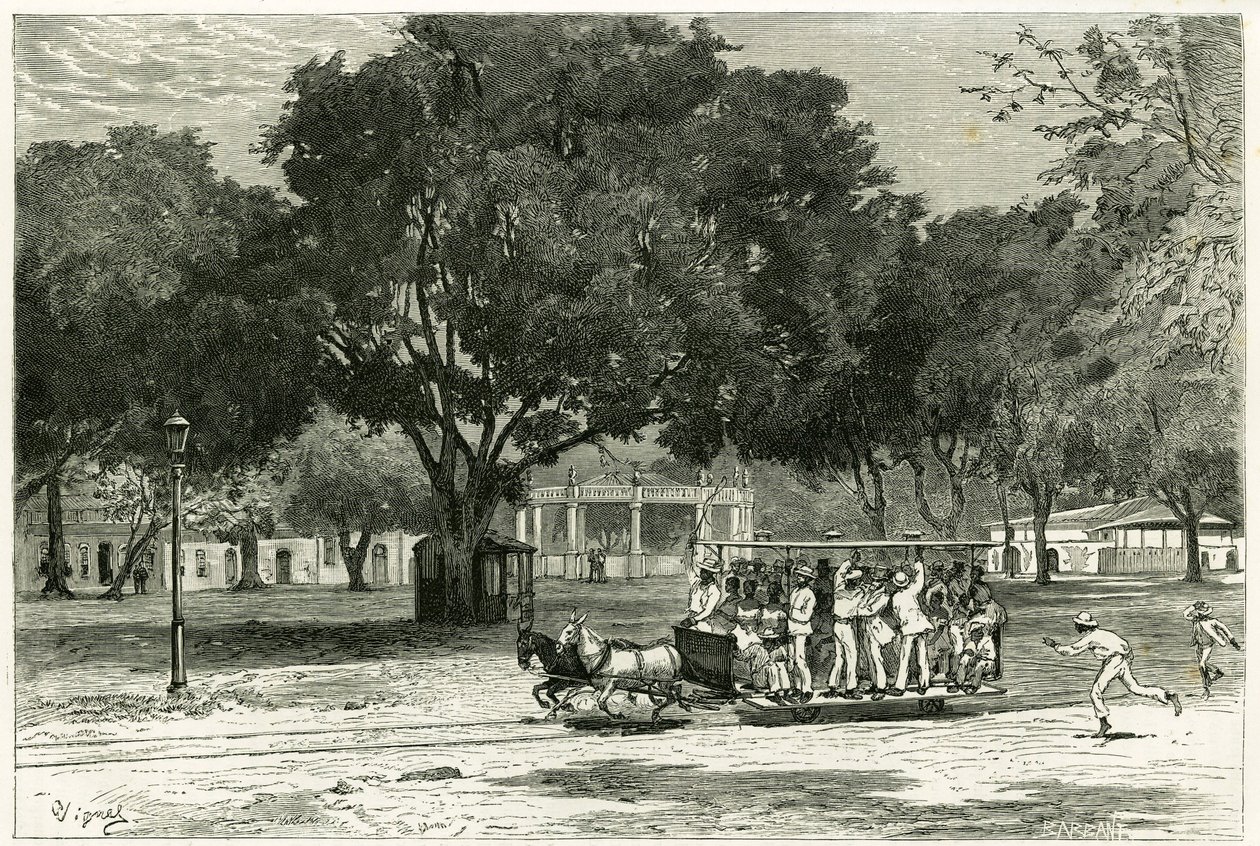 Sporvogn, skydning af heste, i havnen i Para (Brasilien), på largo i Nazareth. Gravering af Vignal, for at illustrere historien "Amazon og Cordilleres"" af Pierre Vignal