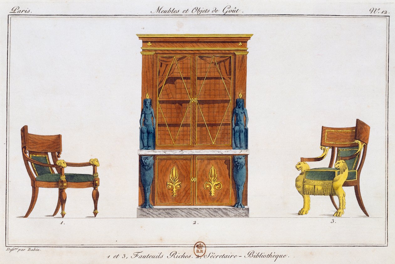 Lænestole og biblioteksskrivebord, tallerken 12, illustration fra Collection de meubles et objects de gout (Samling af møbler og smagsgenstande) af Pierre de La Mesangere