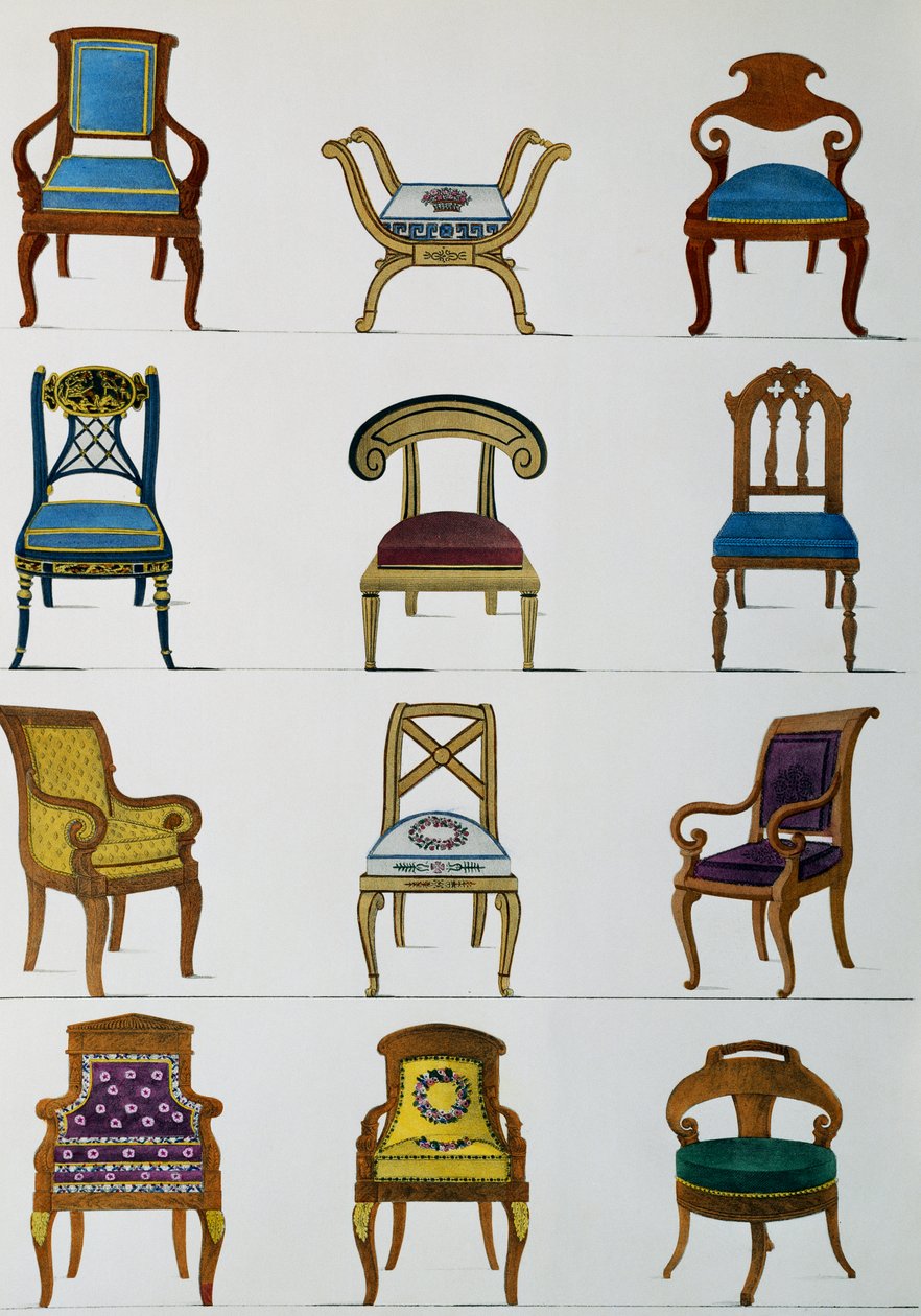 Lænestole, stole og fodskamler, Illustration fra Collection de meubles et objects de gout (Samling af møbler og smagsgenstande) af Pierre de La Mesangere