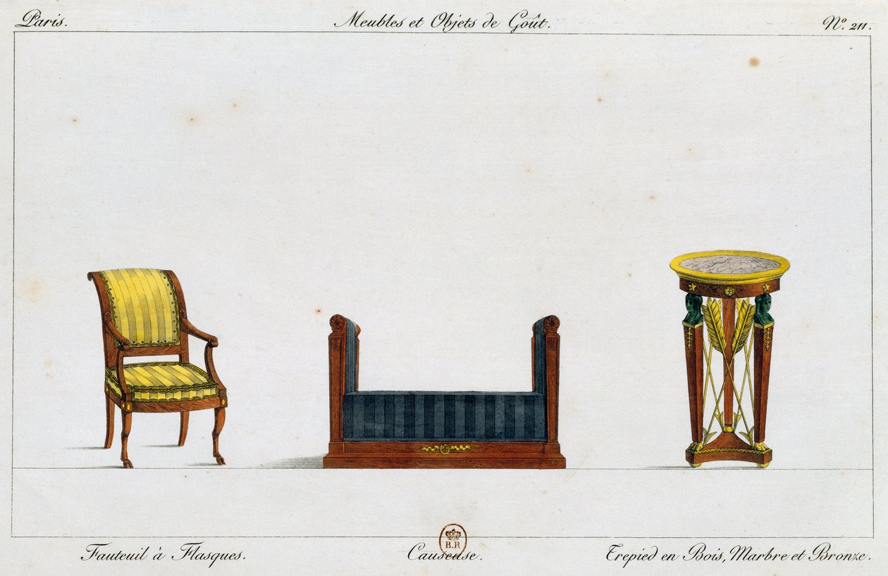 Flangelænestol, loveseat og stativbord, tallerken 211, illustration fra Collection de meubles et objects de gout (Samling af møbler og smagsgenstande) af Pierre de La Mesangere