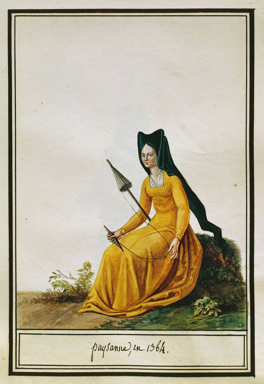Fransk kvindelig bonde spinding, af Pierre Antoine Leboux de La Mesangere (1761-1831), akvarel af Pierre de La Mesangere