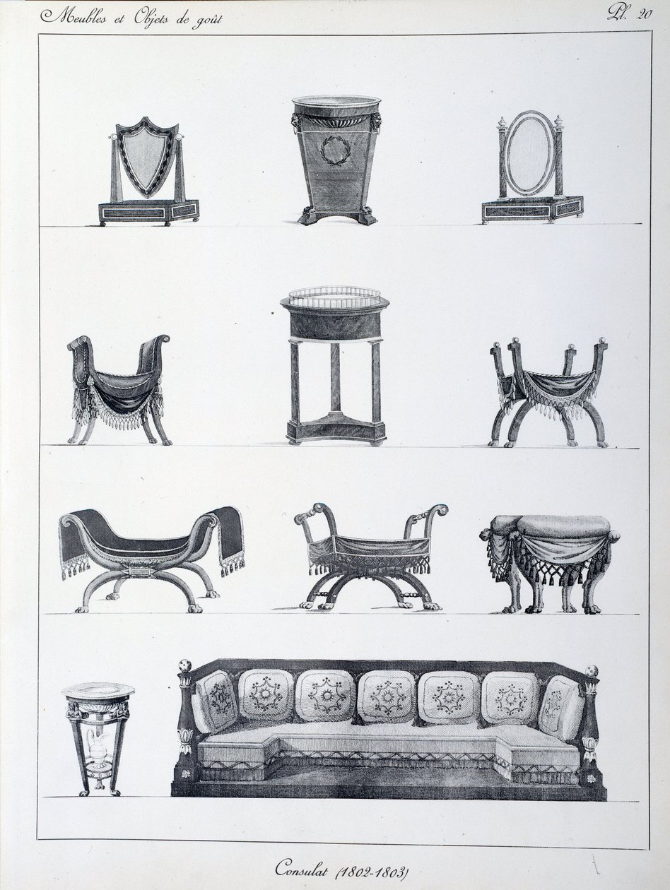 Møbler af periodens konsulat (1802-1803). Tallerken taget fra samlingen "" Collection de mobilier et objets de taste"" af Pierre de la Mesangere (1761-1831). Paris. Dekorativ kunst af Pierre de La Mesangere