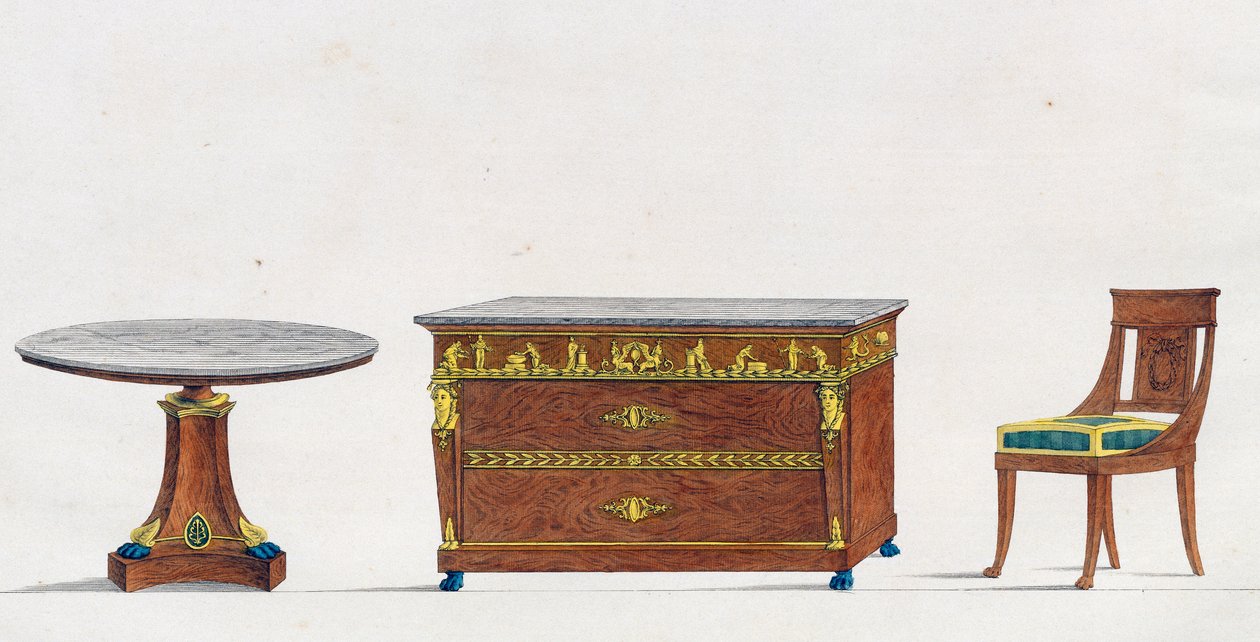 Mahognibord, kommode og stol, tallerken 241, illustration fra Collection de meubles et objects de gout (Samling af møbler og smagsgenstande) af Pierre de La Mesangere