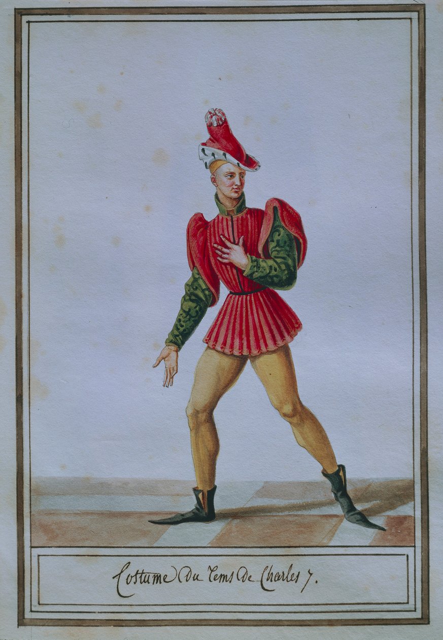 Herremodeplade forestillende kostume fra Charles VII (1403-1461), af Pierre Antoine Leboux de La Mesangere (1761-1831), akvarel af Pierre de La Mesangere