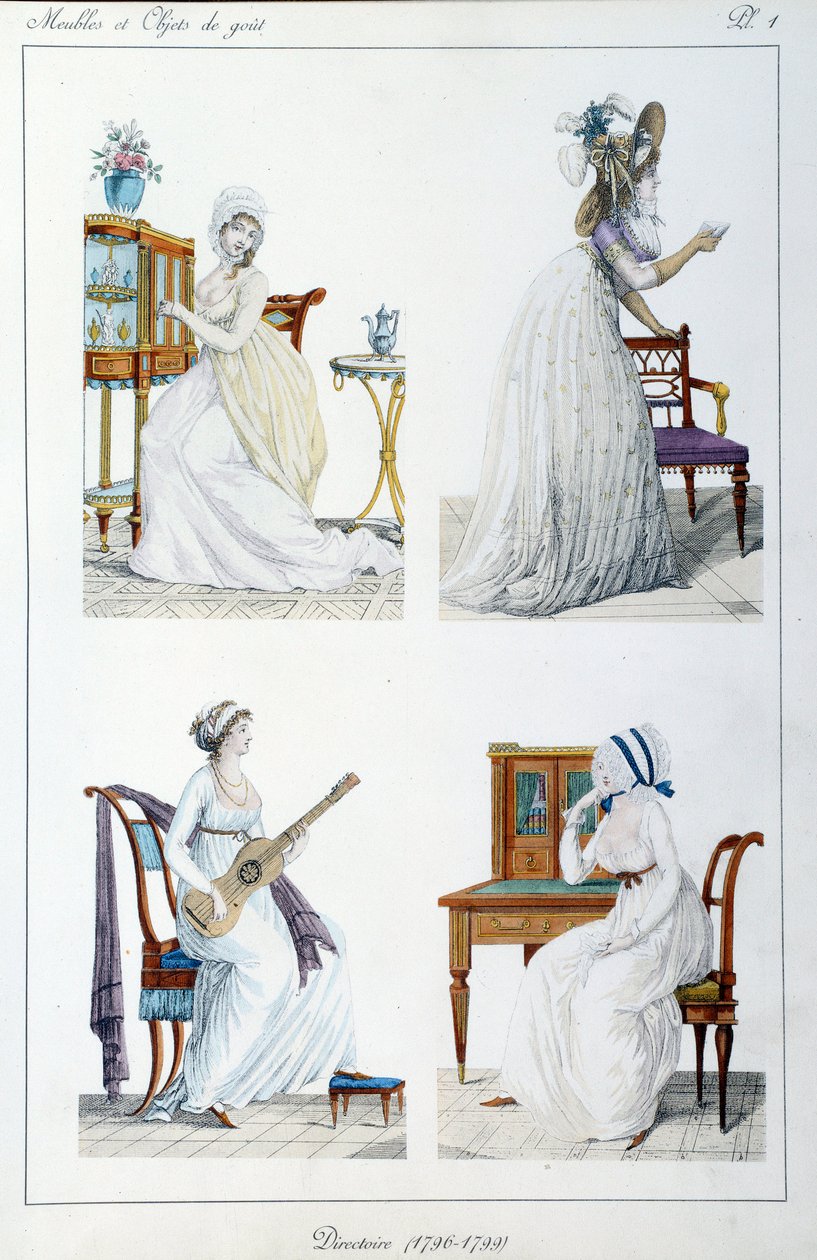 Portrætter af kvinder fra perioden Executive Board engageret i forskellige kunstneriske og sociale aktiviteter. Tallerken taget fra samlingen "" Collection de meubles et objets de taste"" af Pierre de la Mesangere (1761-1831). 1802. Paris. Dekorativ kunst af Pierre de La Mesangere