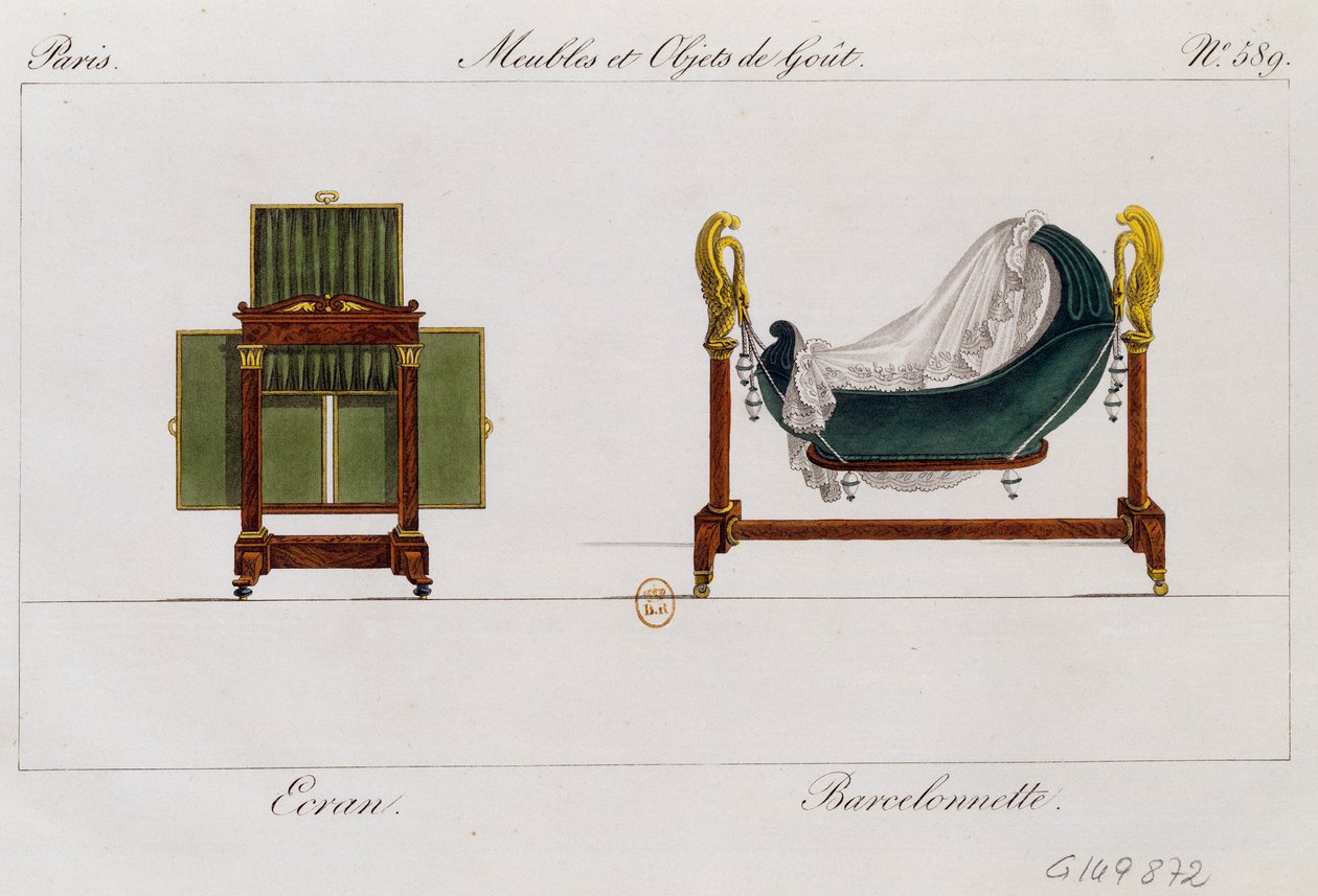 Skærm og gyngevugge, tallerken 589, illustration fra Collection de meubles et objects de gout (Samling af møbler og smagsgenstande) af Pierre de La Mesangere
