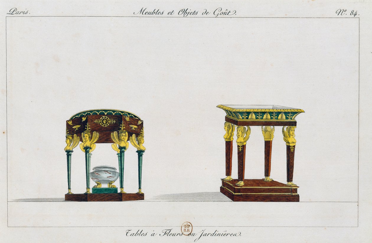 Borde til blomster eller blomsterstande, tallerken 84, illustration fra Collection de meubles et objects de gout (Samling af møbler og smagsgenstande) af Pierre de La Mesangere