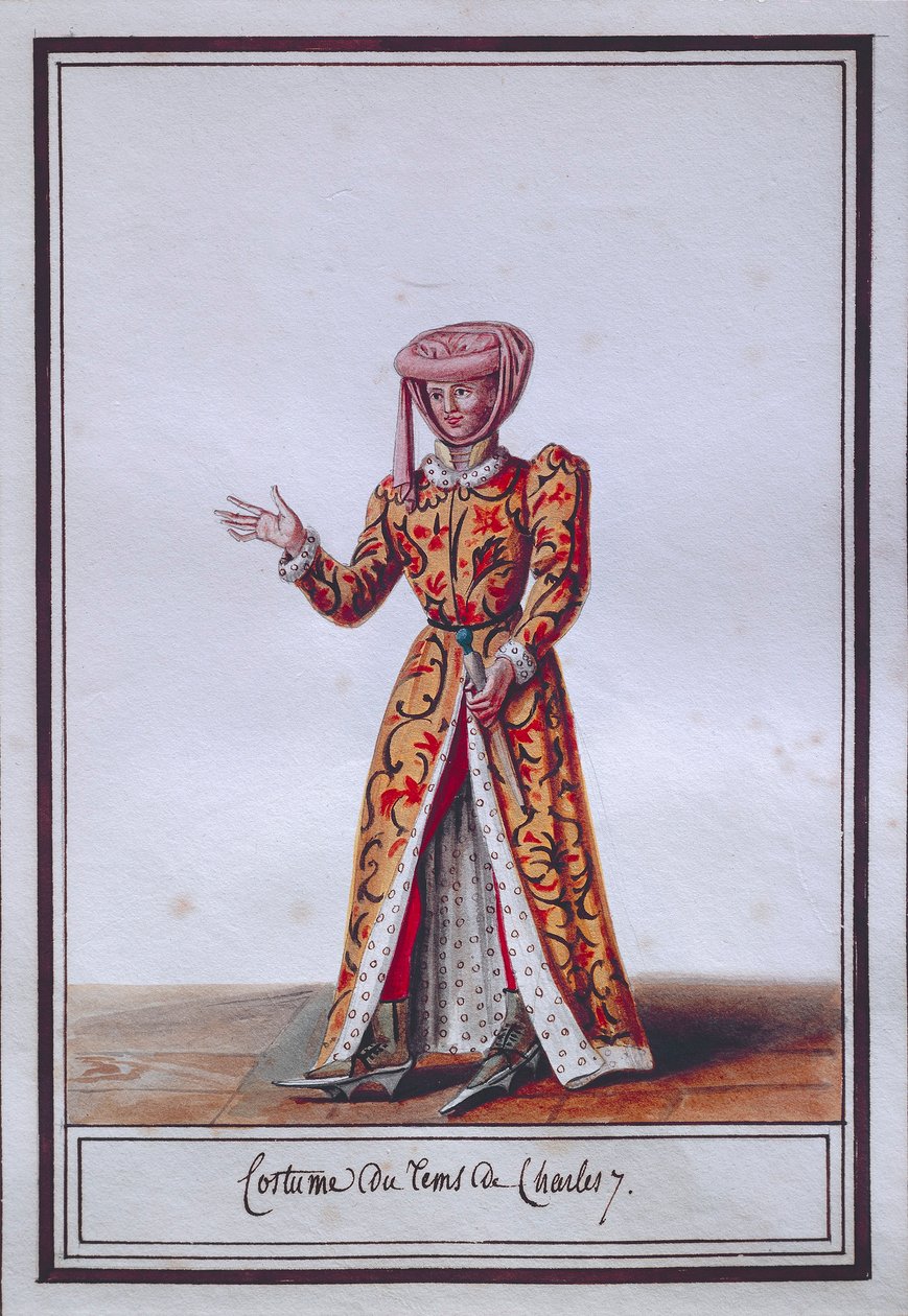 Kvinders modeplade, der viser kostume fra Charles VII (1403-1461), af Pierre Antoine Leboux de La Mesangere (1761-1831), akvarel af Pierre de La Mesangere