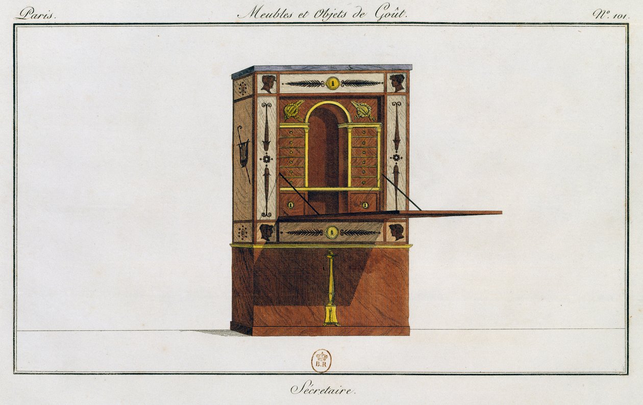 Skrivebord, tallerken 101, illustration fra Collection de meubles et objects de gout (Samling af møbler og smagsgenstande) af Pierre de La Mesangere