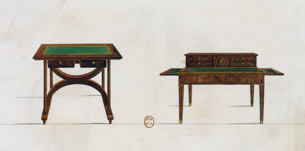 Skrivebord og skrivebord, tallerken 436, illustration fra Collection de meubles et objects de gout (Samling af møbler og smagsgenstande) af Pierre de La Mesangere