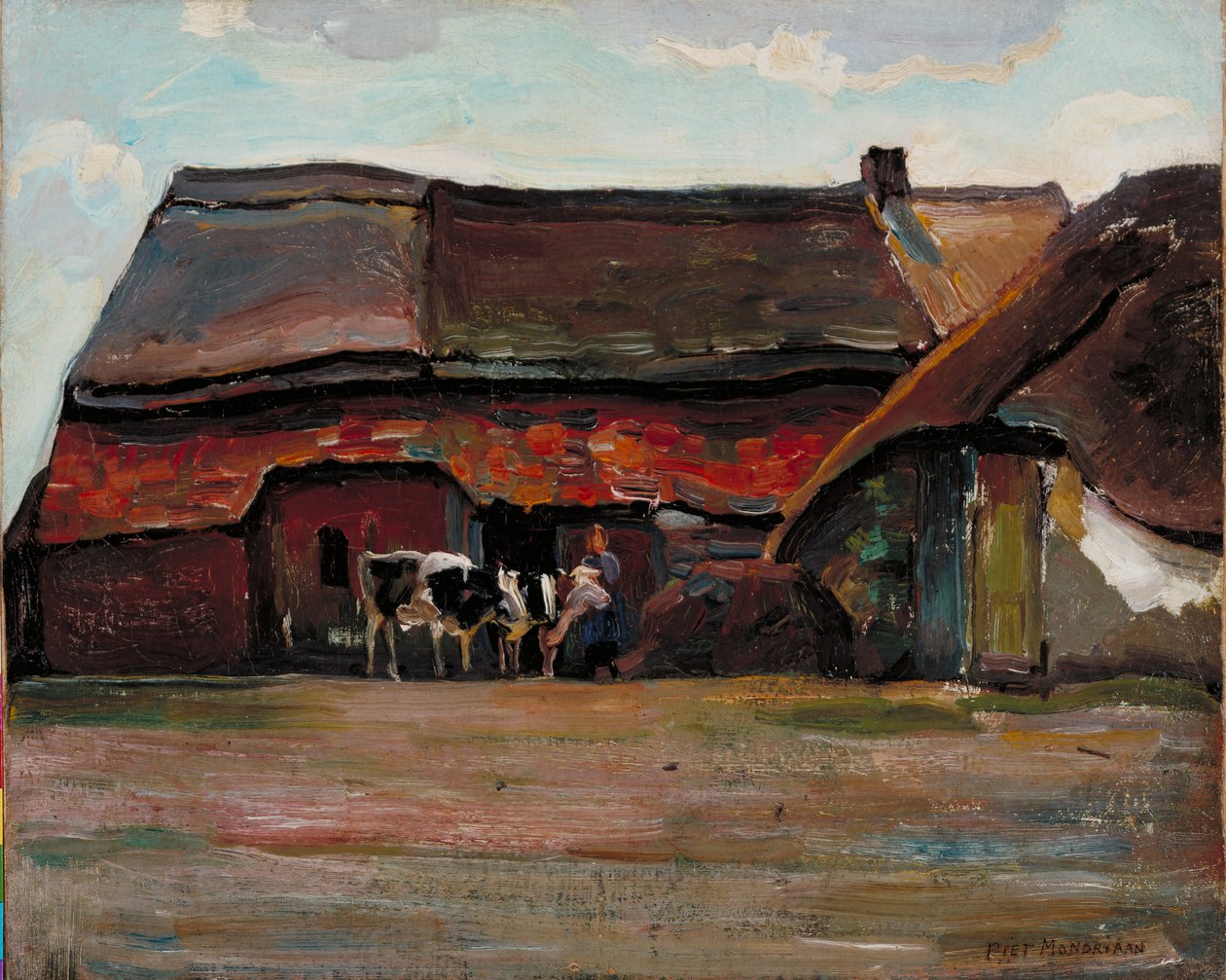 Brabant Farmyard, 1904 (olie på linnedplade monteret på lærred) af Piet Mondrian