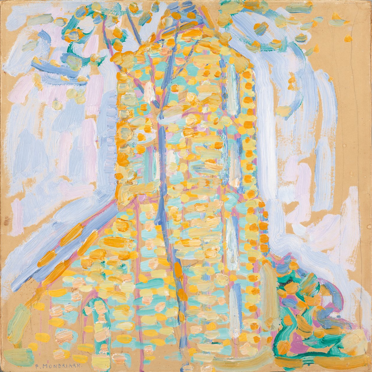 Kirke i Domburg med træ, 1909 (olie på pap) af Piet Mondrian