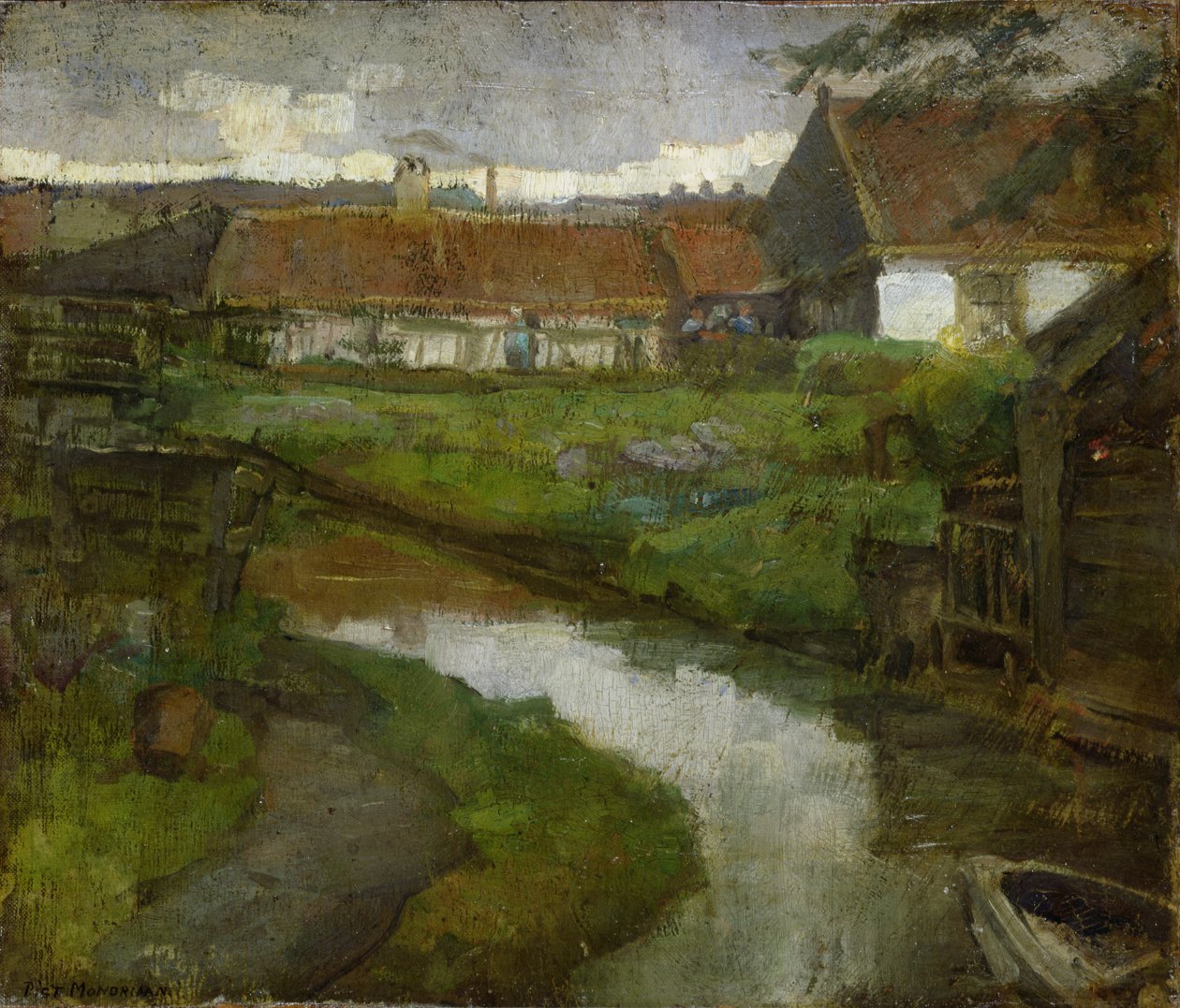Gårdsplads og kunstvandingsgrøft med robåds stævn, 1898-99 af Piet Mondrian