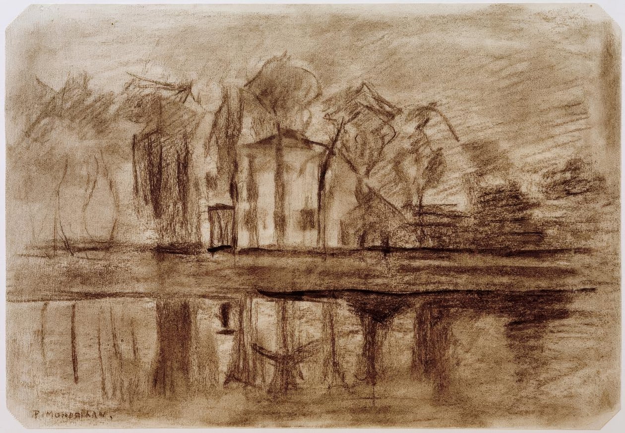 Hus med træer ved vandet af Piet Mondrian