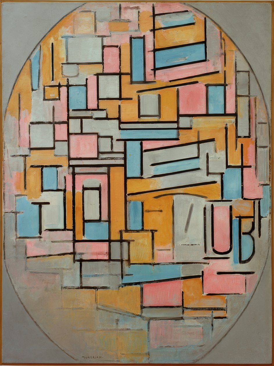 Sammensætning i den ovale cirkel med farvede områder 2 af Piet Mondrian