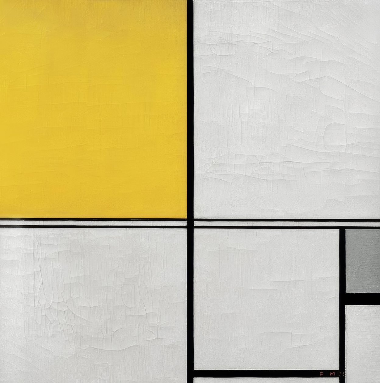 Sammensætning med dobbelt linje og gul og grå af Piet Mondrian
