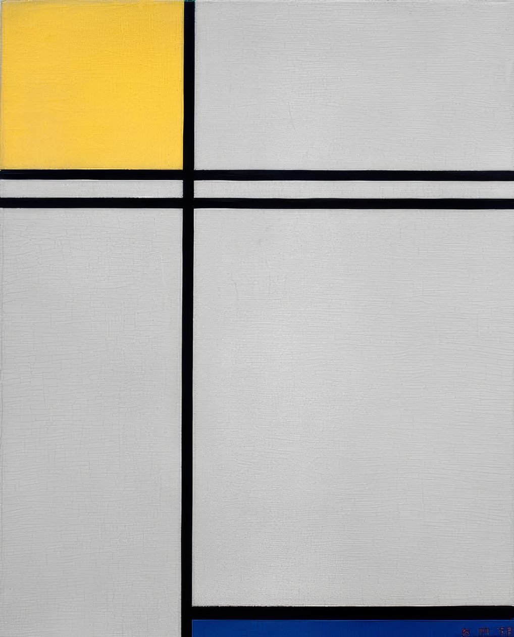 Sammensætning med gul, blå og dobbelt linje af Piet Mondrian