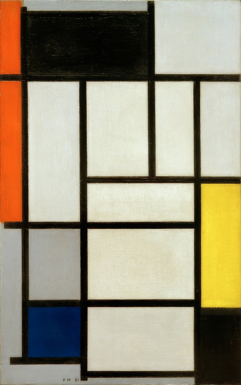 Sammensætning med rød, sort, gul, blå og grå; Composi af Piet Mondrian