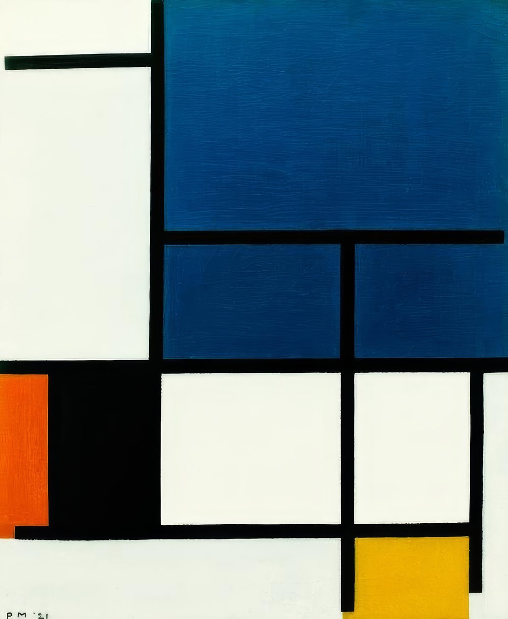 Sammensætning med et stort blåt område, rød, sort, gul og af Piet Mondrian